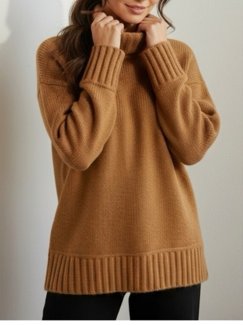 Everlane Cotton Mockneck Sweater Camel Tan Ribbed Trim High Low Size XS